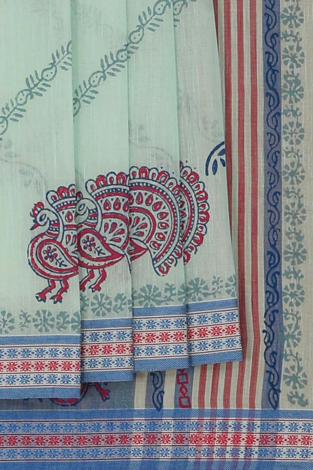 Image of Mint Green Block Printed South Cotton Saree